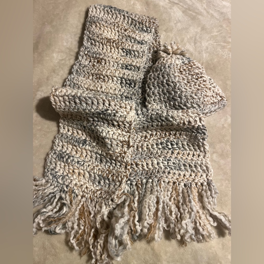 Cozy Cream/Gray & Light Green/Cream Homemade Knit Scarf and Hat Set-2 sets